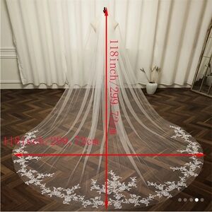 White Ivory Tulle Lace Long Veil With Comb Cathedral Style